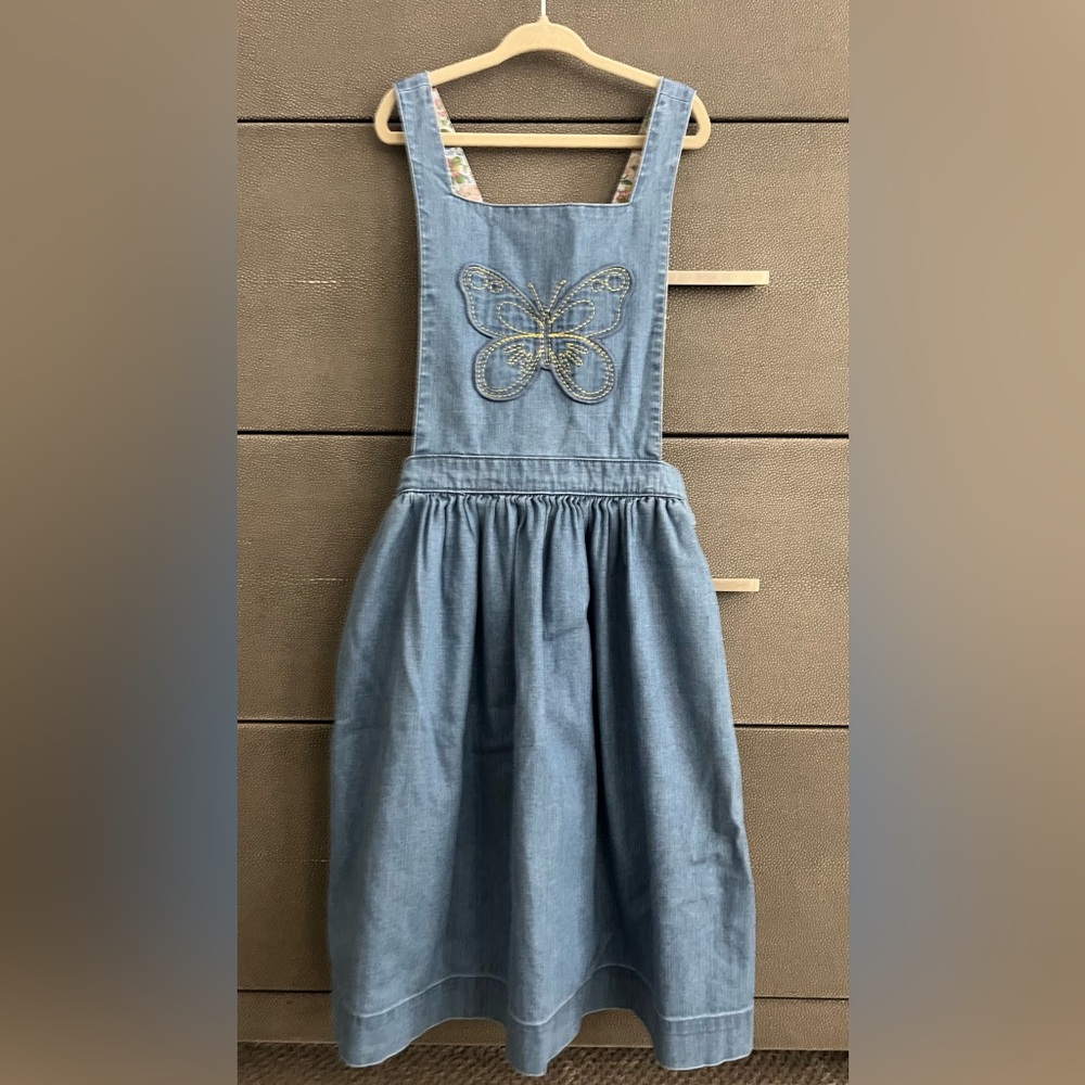 Mini Boden denim pinafore with floral lining, size 11/12